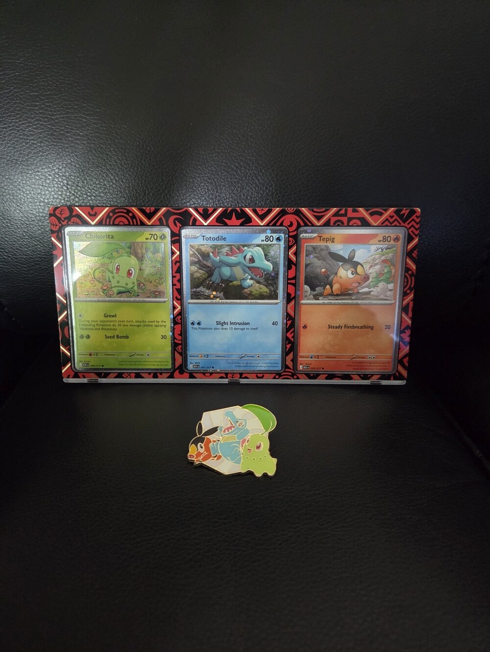 Pokémon Red Display with Chikorita, Totodile & Tepig Promo Trading Cards + Pin